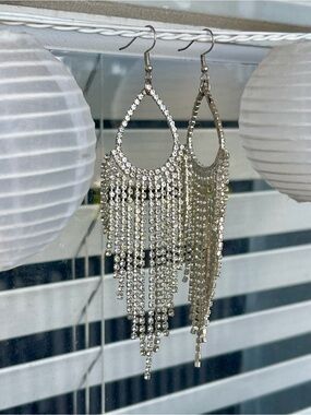 Silver Rhinestone Fringe Teardrop Dangle Earrings
